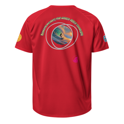 Red sports jersey back with circular surf graphic and slogan
