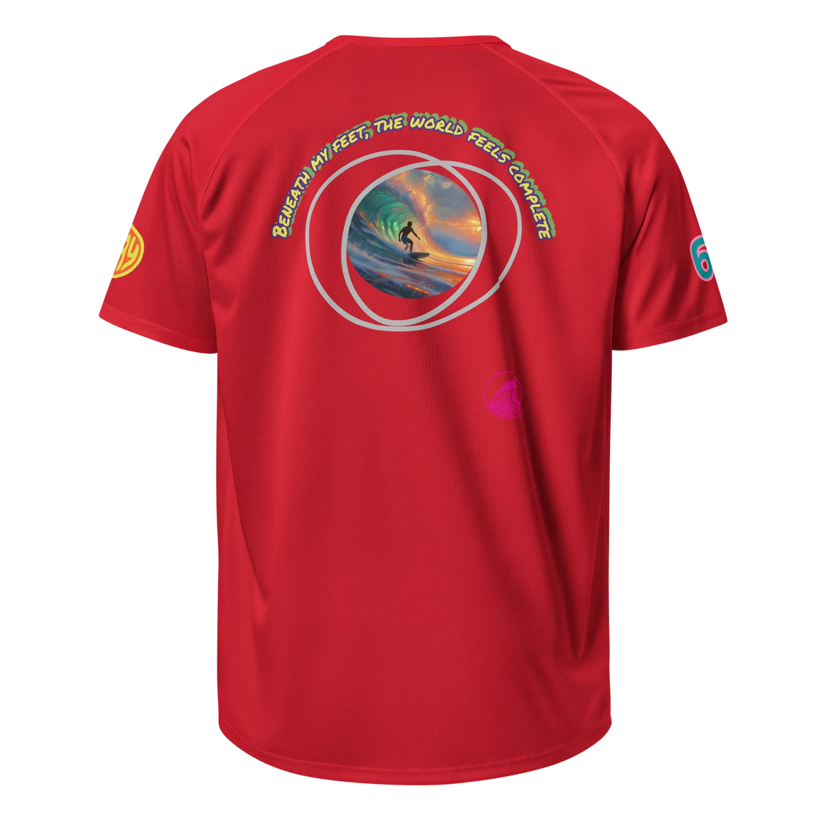 Red sports jersey back with circular surf graphic and slogan