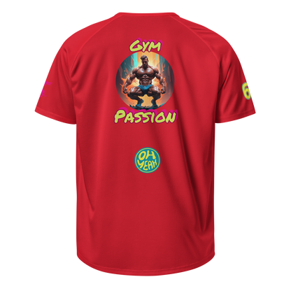 Sports jersey back in red with “Gym Passion” graphic and “Oh Yeah” mark