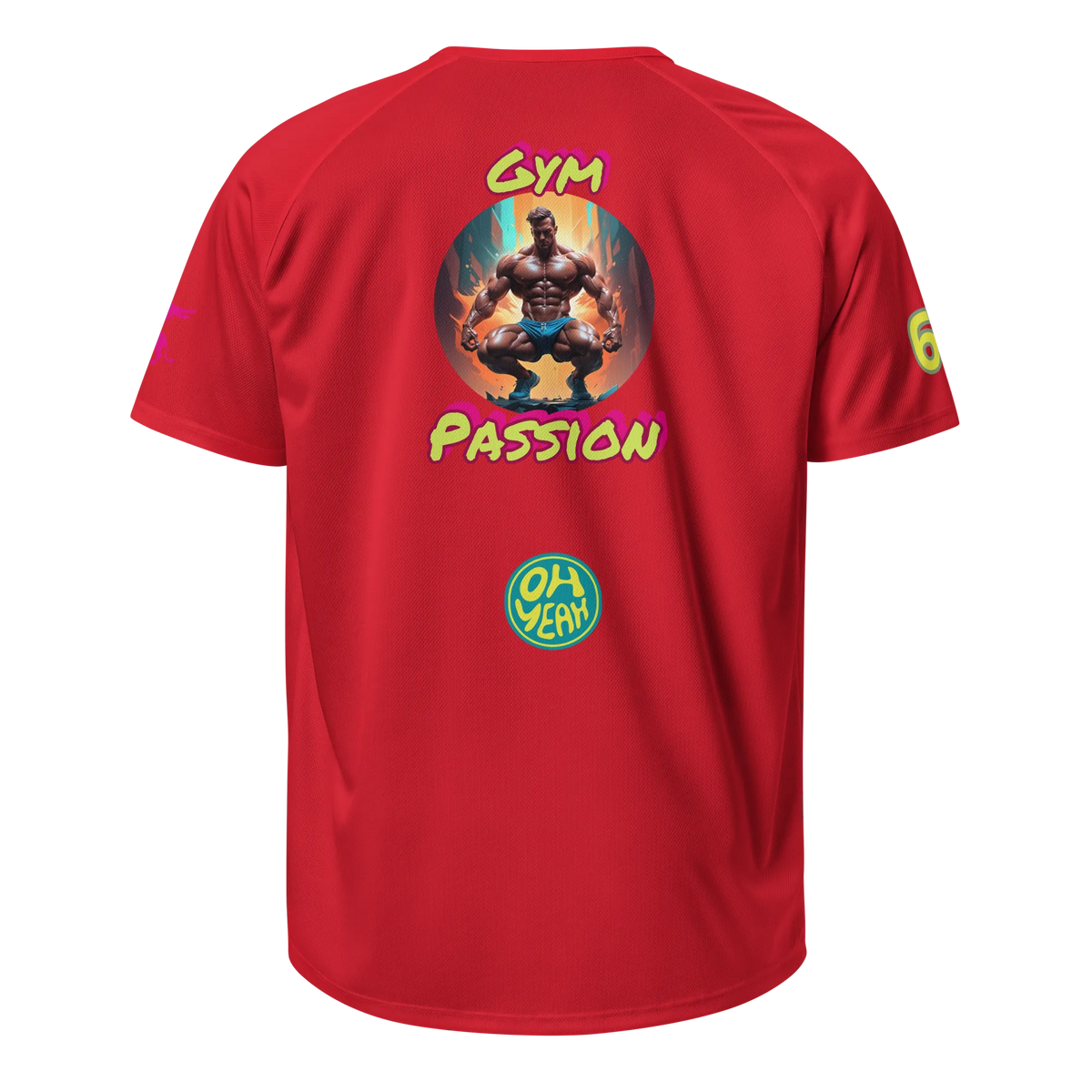 Sports jersey back in red with “Gym Passion” graphic and “Oh Yeah” mark