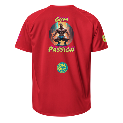 Sports jersey back in red with “Gym Passion” graphic and “Oh Yeah” mark