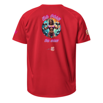 Red sports jersey back with No Pain No Gain text and graphic