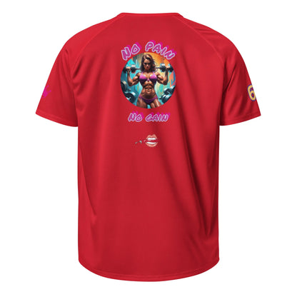 Red sports jersey back with No Pain No Gain text and graphic