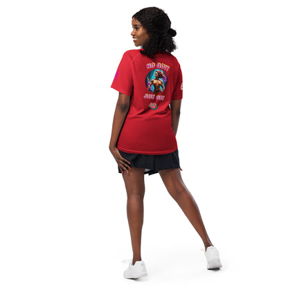 Red unisex sports jersey T-shirt with back emblem "NO QUIT JUST GRIT".
