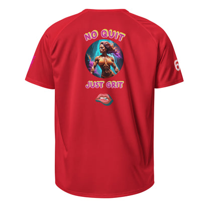 Red unisex sports jersey back print "NO QUIT JUST GRIT"