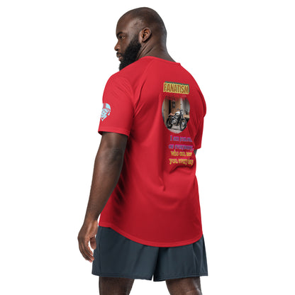 Scrambler#2 T-shirt red with back print FANATISM and photo graphic in center.