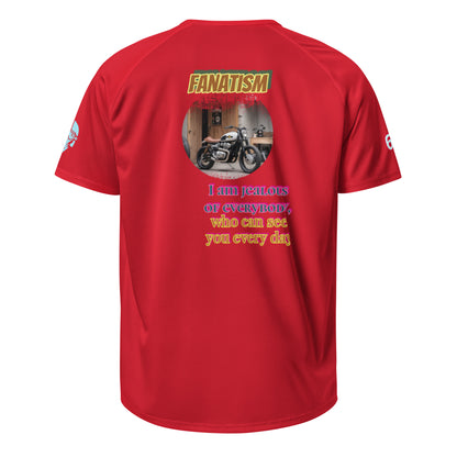Red performance T-shirt back print: FANATISM and quote text graphic