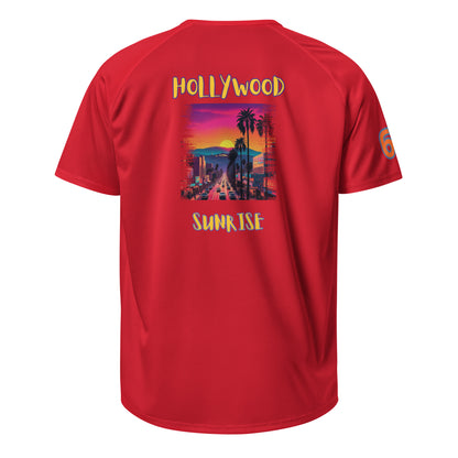 Sports jersey, red back with “HOLLYWOOD SUNRISE” graphic and “6” sleeve patch