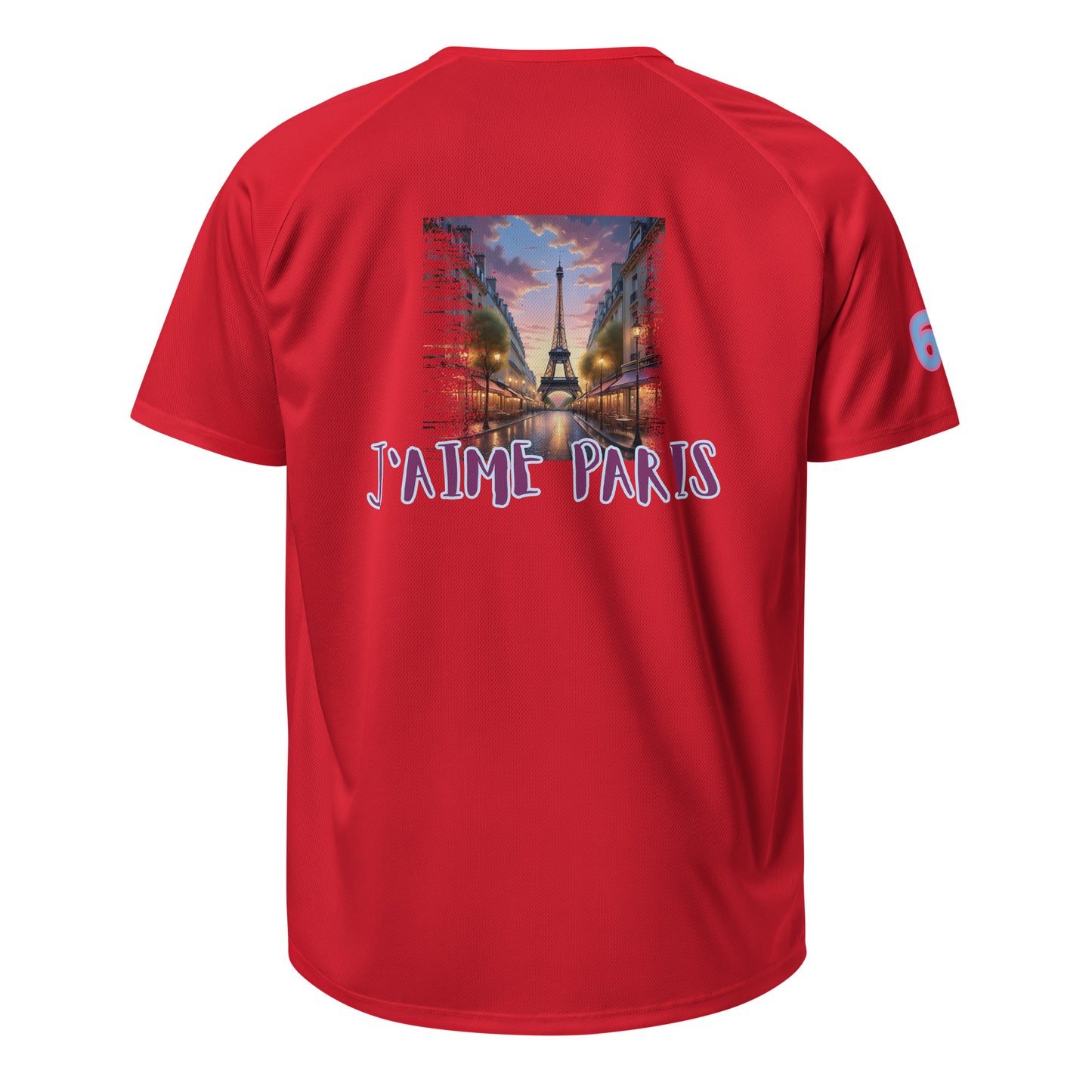 Sports jersey, red, back graphic with Eiffel Tower and “J’aime Paris” lettering.