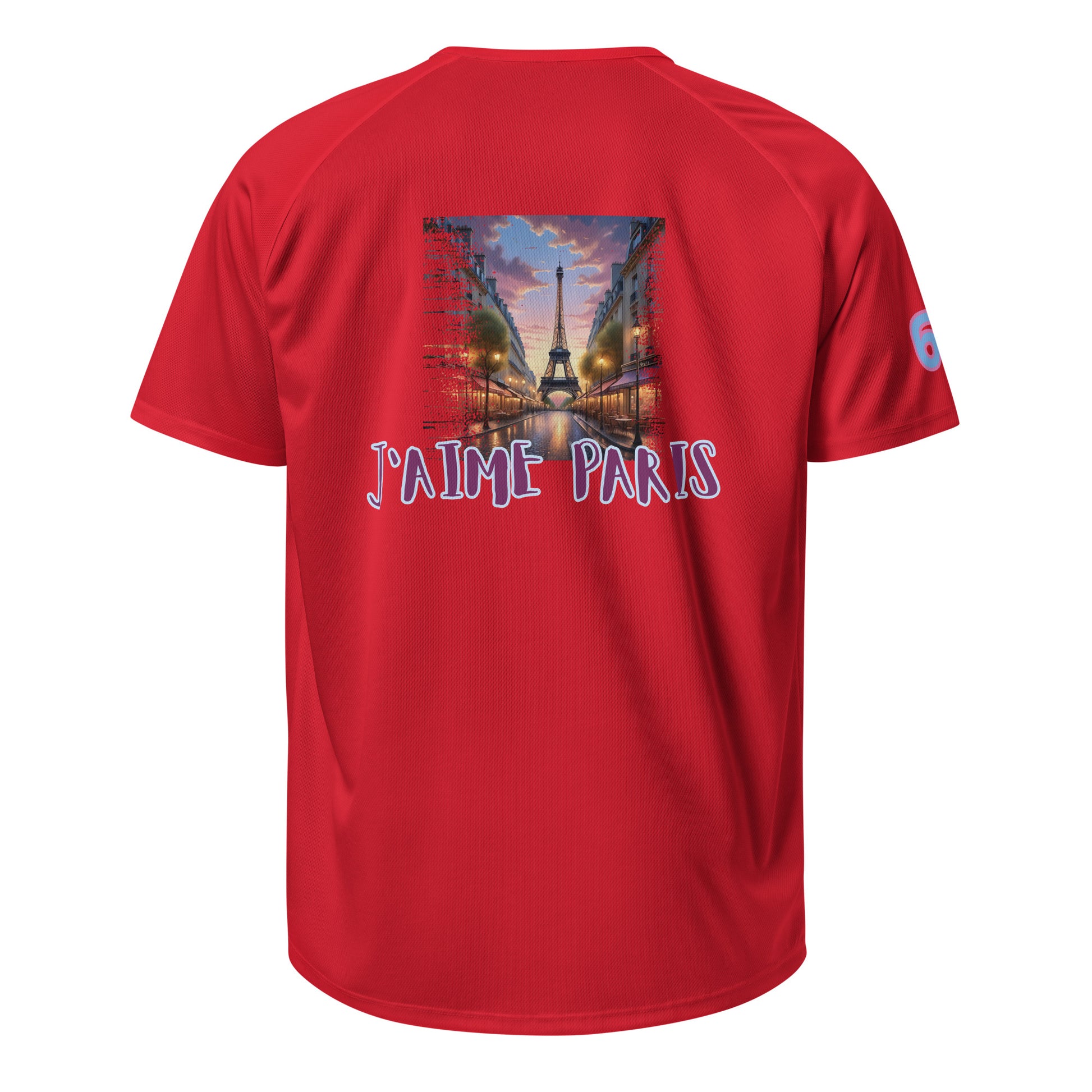 Sports jersey, red, back graphic with Eiffel Tower and “J’aime Paris” lettering.