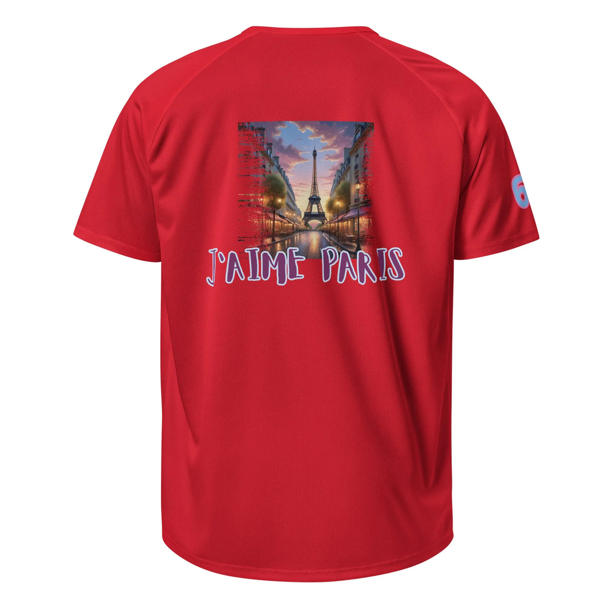 Sports jersey, red, back graphic with Eiffel Tower and “J’aime Paris” lettering.