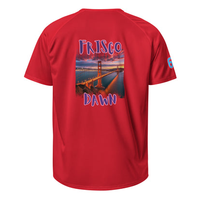 Red sports jersey back with Frisco Dawn graphic and “6” sleeve number