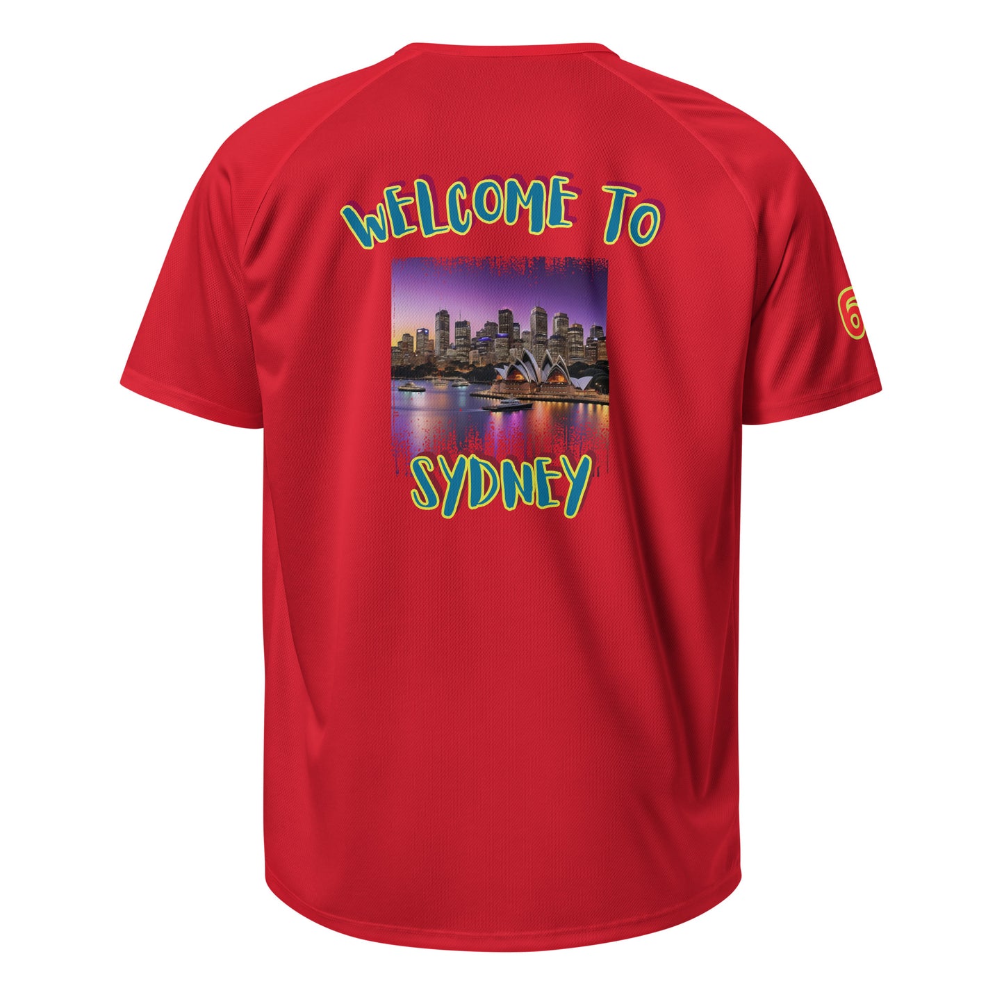 Red sports jersey back with Welcome To Sydney print