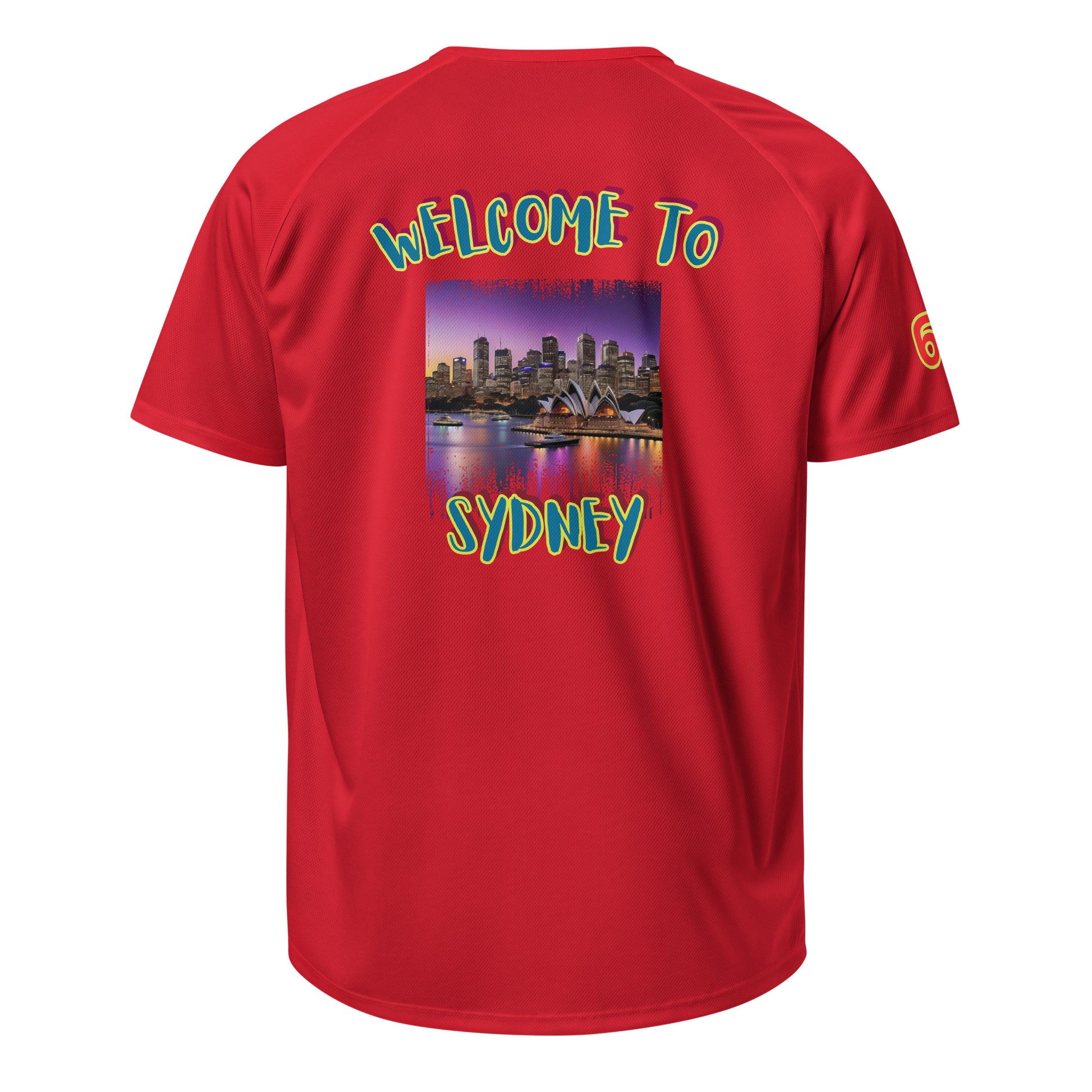 Red sports jersey back with Welcome To Sydney print