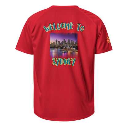 Red sports jersey back with Welcome To Sydney print