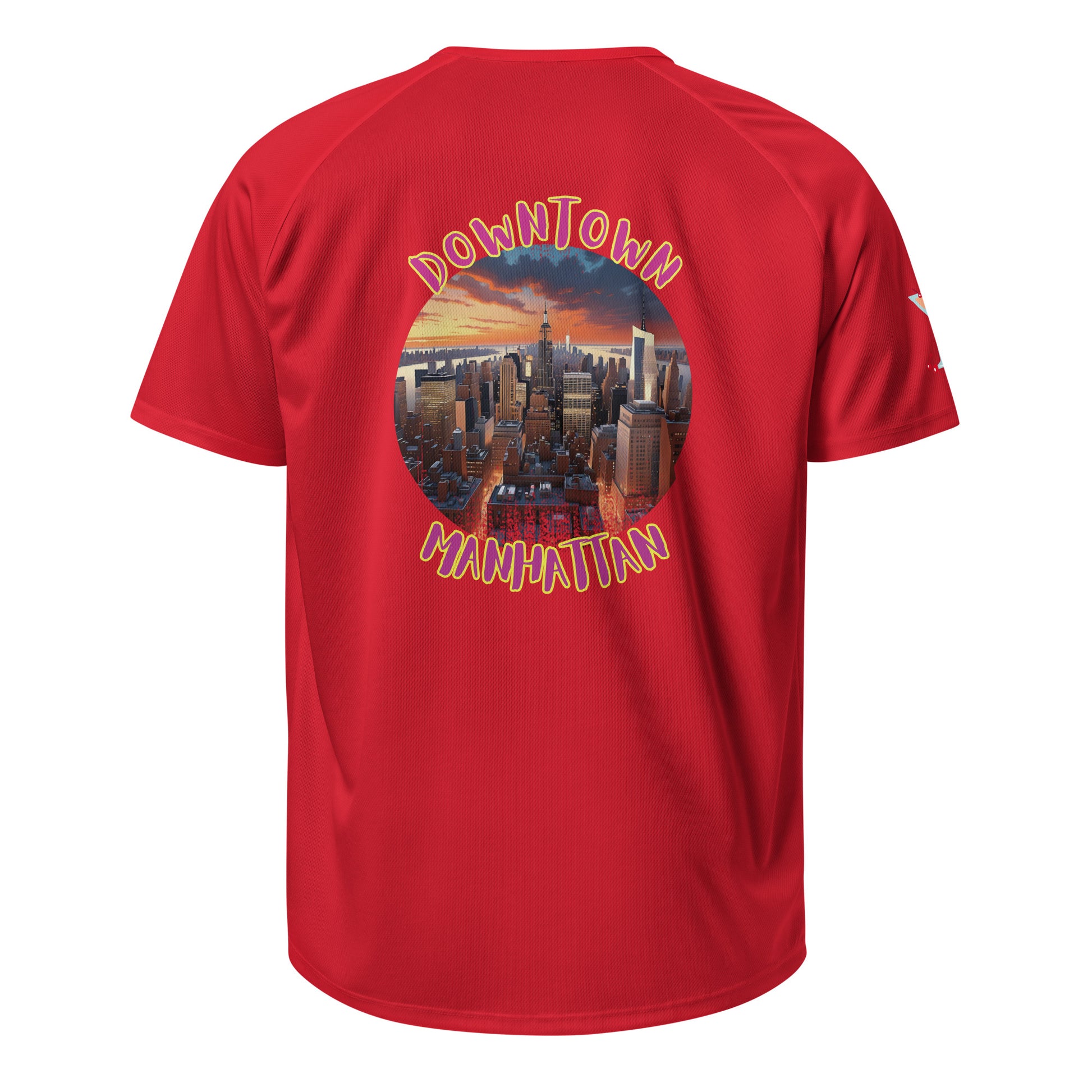 Sports jersey, red back with Manhattan graphic print