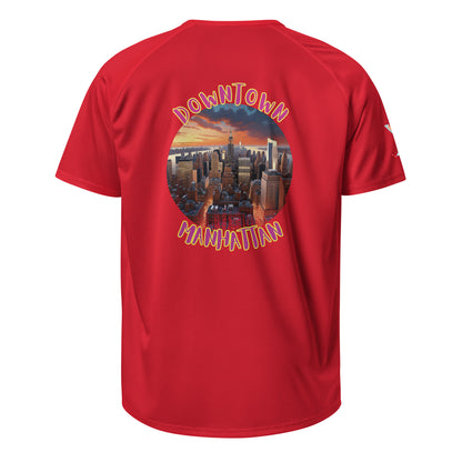 Sports jersey, red back with Manhattan graphic print