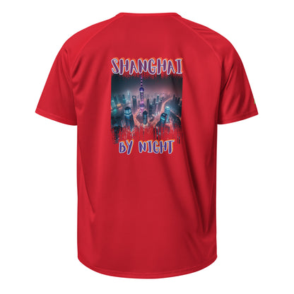 Red sports jersey, back print reading “SHANGHAI BY NIGHT”