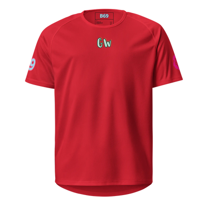 Unisex sports jersey red, front with small “Gw” logo