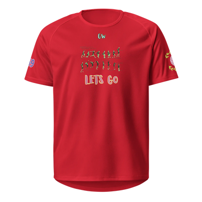 Unisex sports jersey, red, front print with green figures and “LET'S GO”