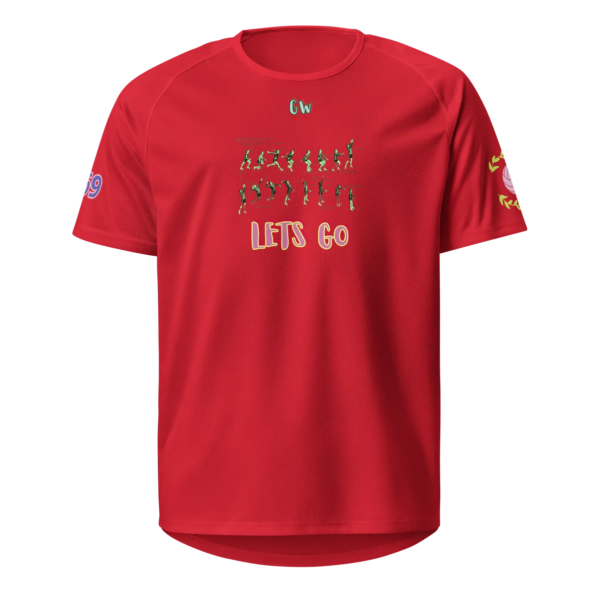 Unisex sports jersey, red, front print with green figures and “LET'S GO”