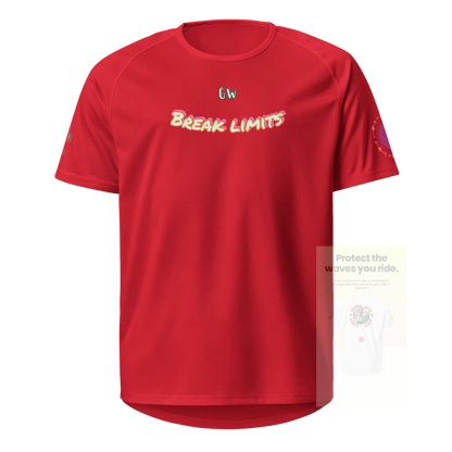 Red unisex sports jersey, front “Break limits” text with sleeve graphic