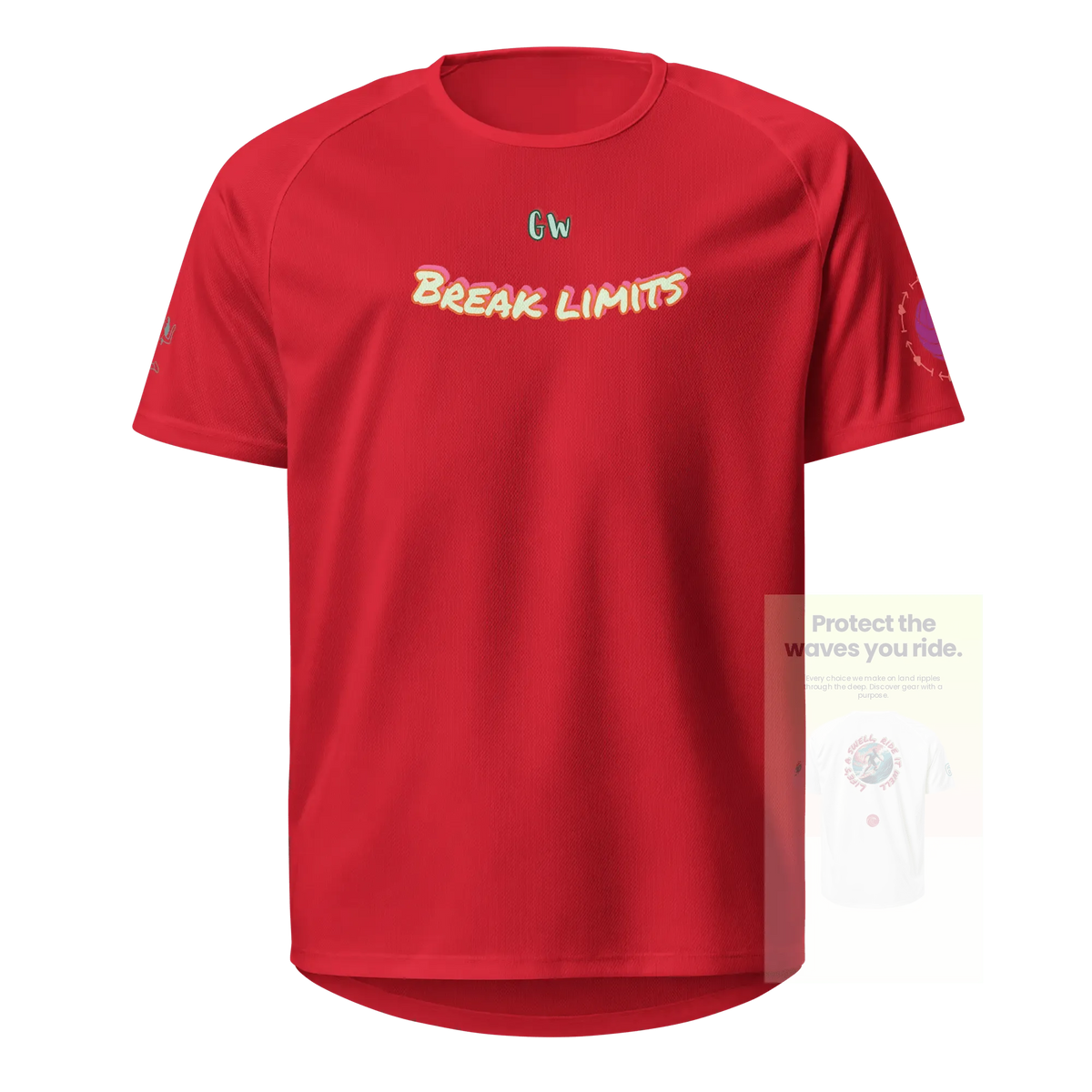 Red unisex sports jersey, front “Break limits” text with sleeve graphic