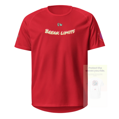 Red unisex sports jersey, front “Break limits” text with sleeve graphic