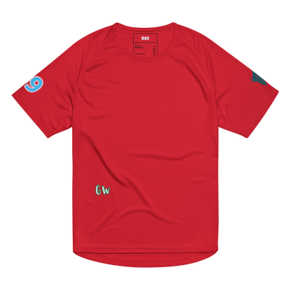 Unisex sports jersey rot mit kleinem Gw-Logo und bunten Sleeve-Icons
