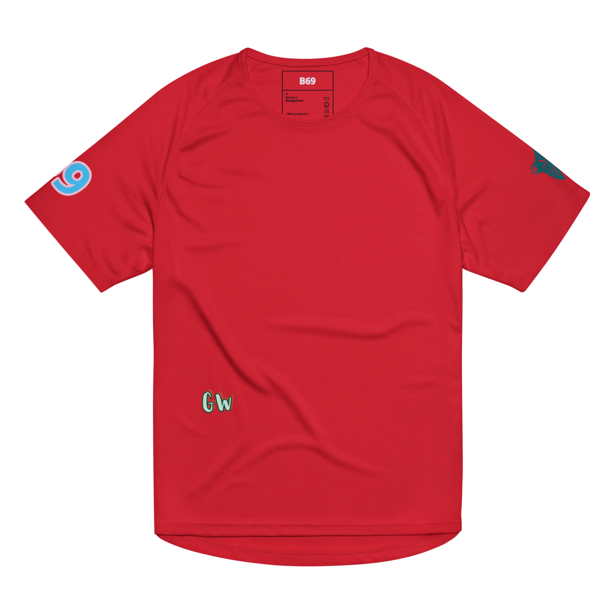 Unisex sports jersey rot mit kleinem Gw-Logo und bunten Sleeve-Icons