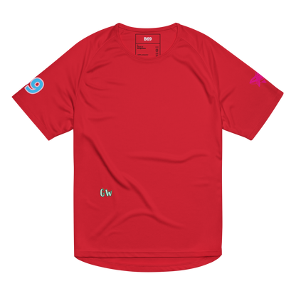 Unisex sports jersey, red, solid front with small sleeve icons and chest logo