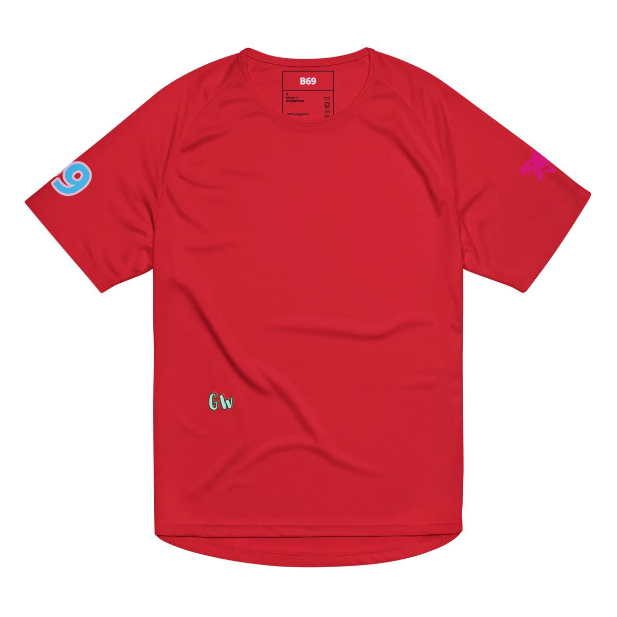 Unisex sports jersey, red, solid front with small sleeve icons and chest logo
