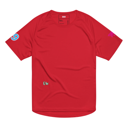 Unisex sports jersey, red, solid front with small sleeve icons and chest logo