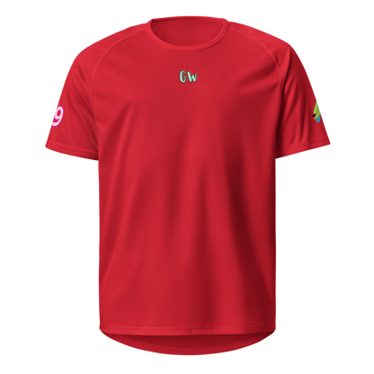 Red sports jersey front with Gw logo and colorful sleeve 9