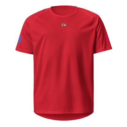 Red sports jersey, front view with small Gw logo and pink sleeve accents