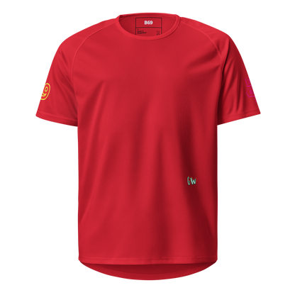 Red unisex sports jersey: front plain mesh with small GW mark