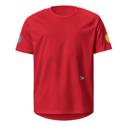 Red unisex sports jersey front view with sleeve patches and small chest logo