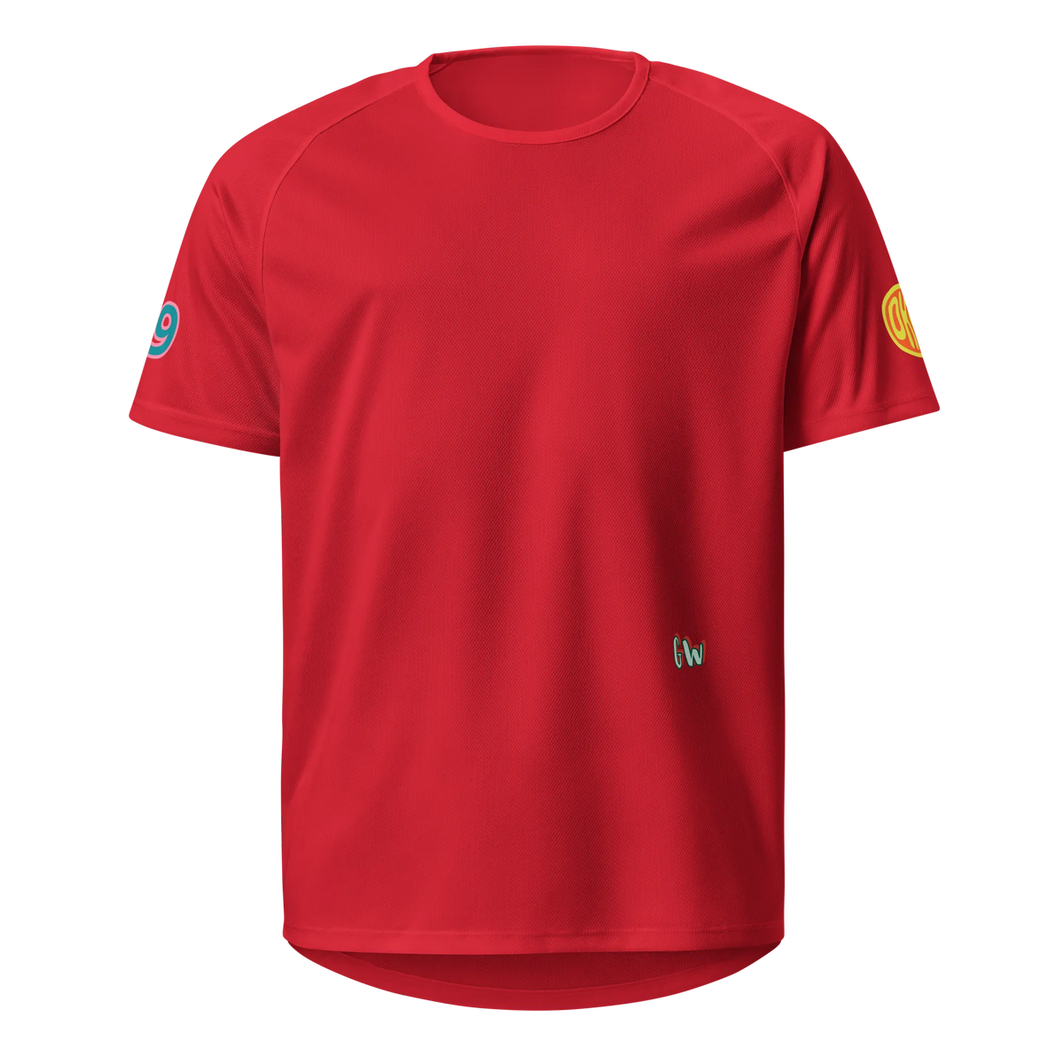 Red unisex sports jersey front view with sleeve patches and small chest logo