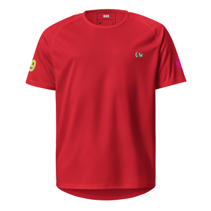 Sports jersey front in red with small “Gw” logo