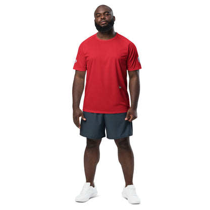 Scrambler#2 T-shirt red with small sleeve logo and simple front design.
