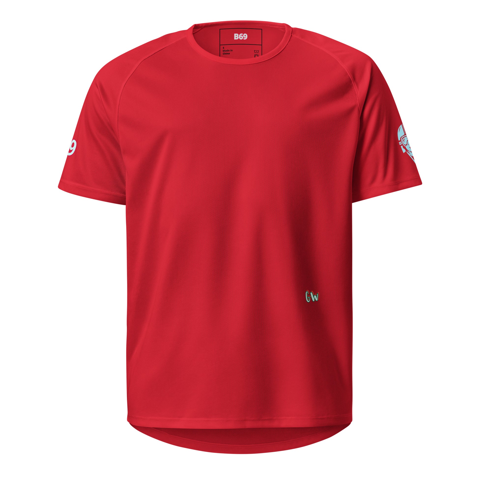 Red performance T-shirt front view with small side sleeve graphic and CW chest mark
