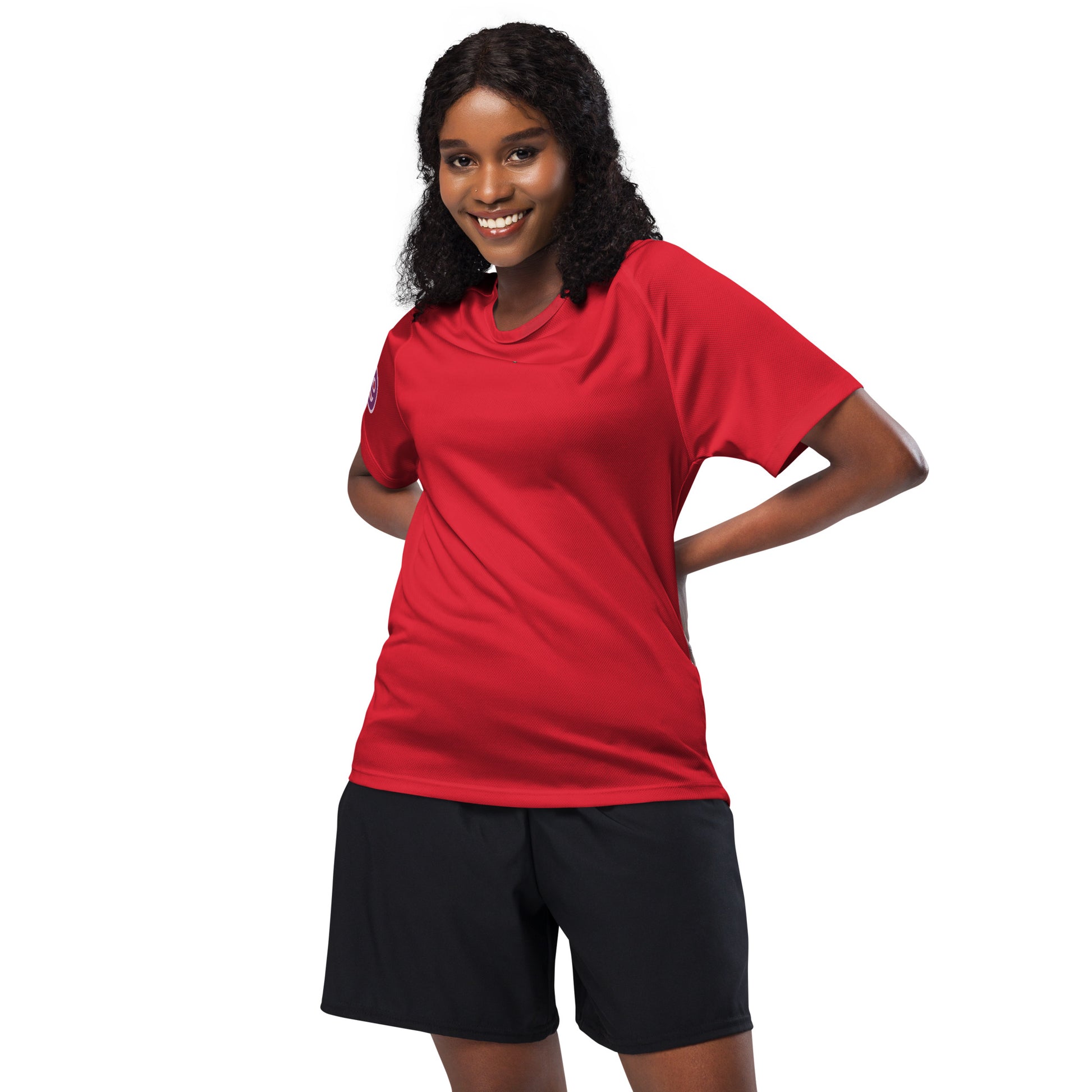 AW Brklyn sports jersey in red, front crew-neck with small chest logo