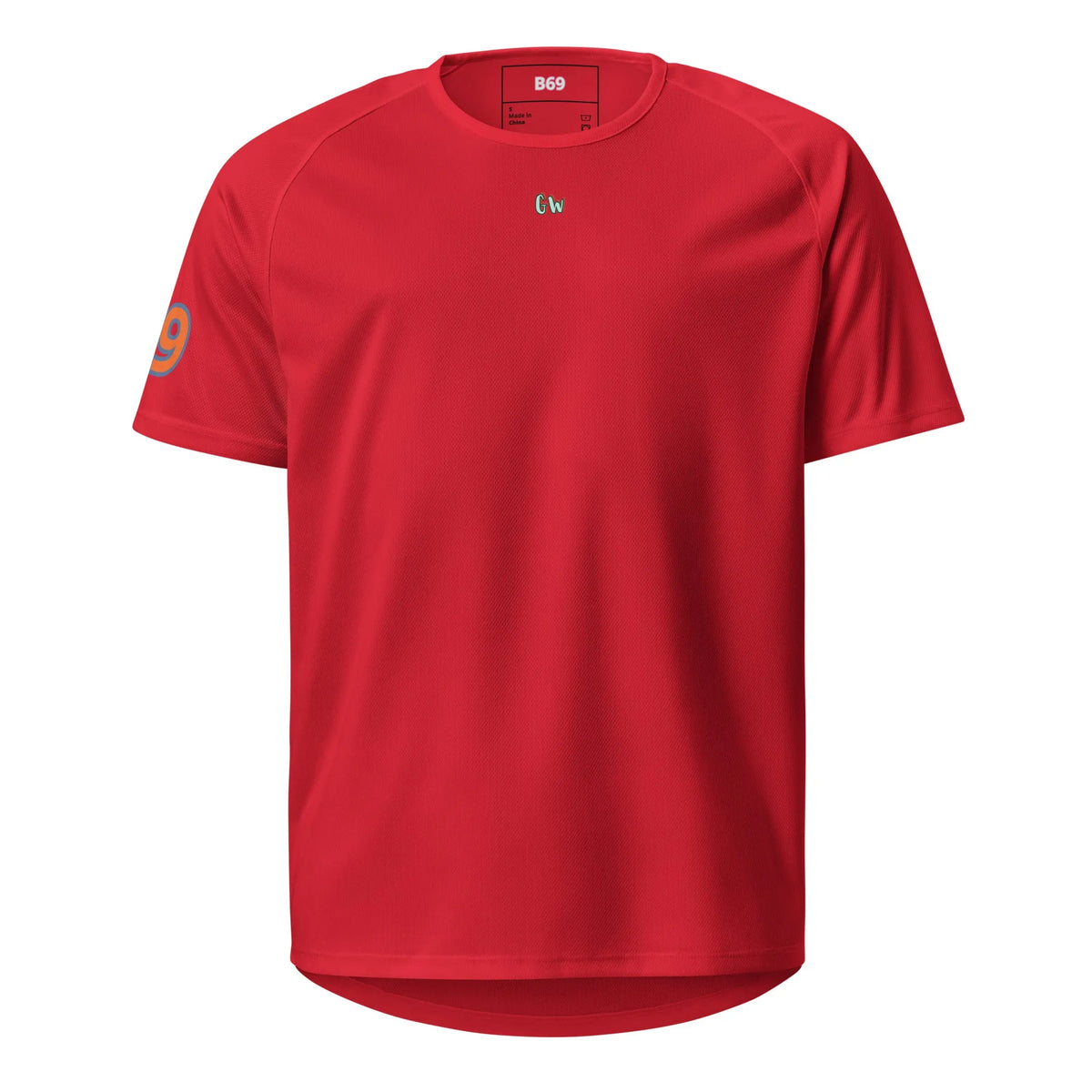Sports jersey, red front with small “CW” logo and “9” sleeve patch