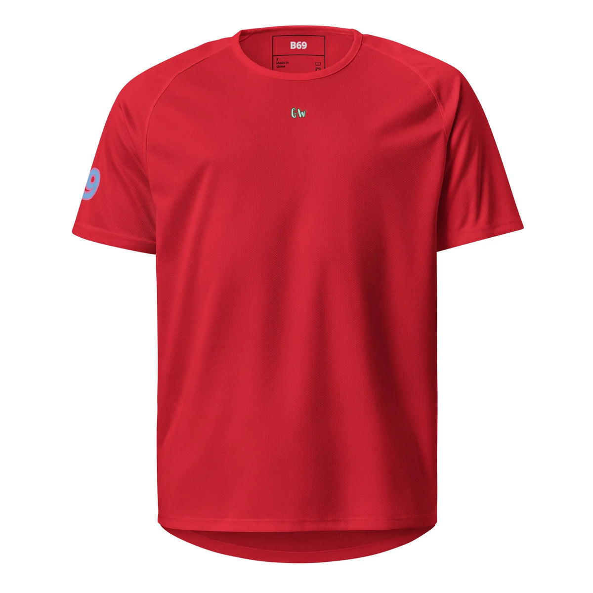 Sports jersey, red, front with small “CW” logo and “B69” collar label.
