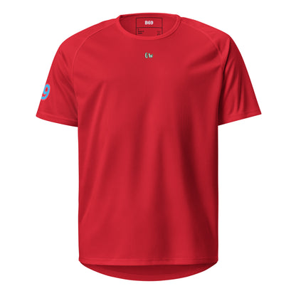 Red sports jersey front with small CW logo and “9” sleeve number