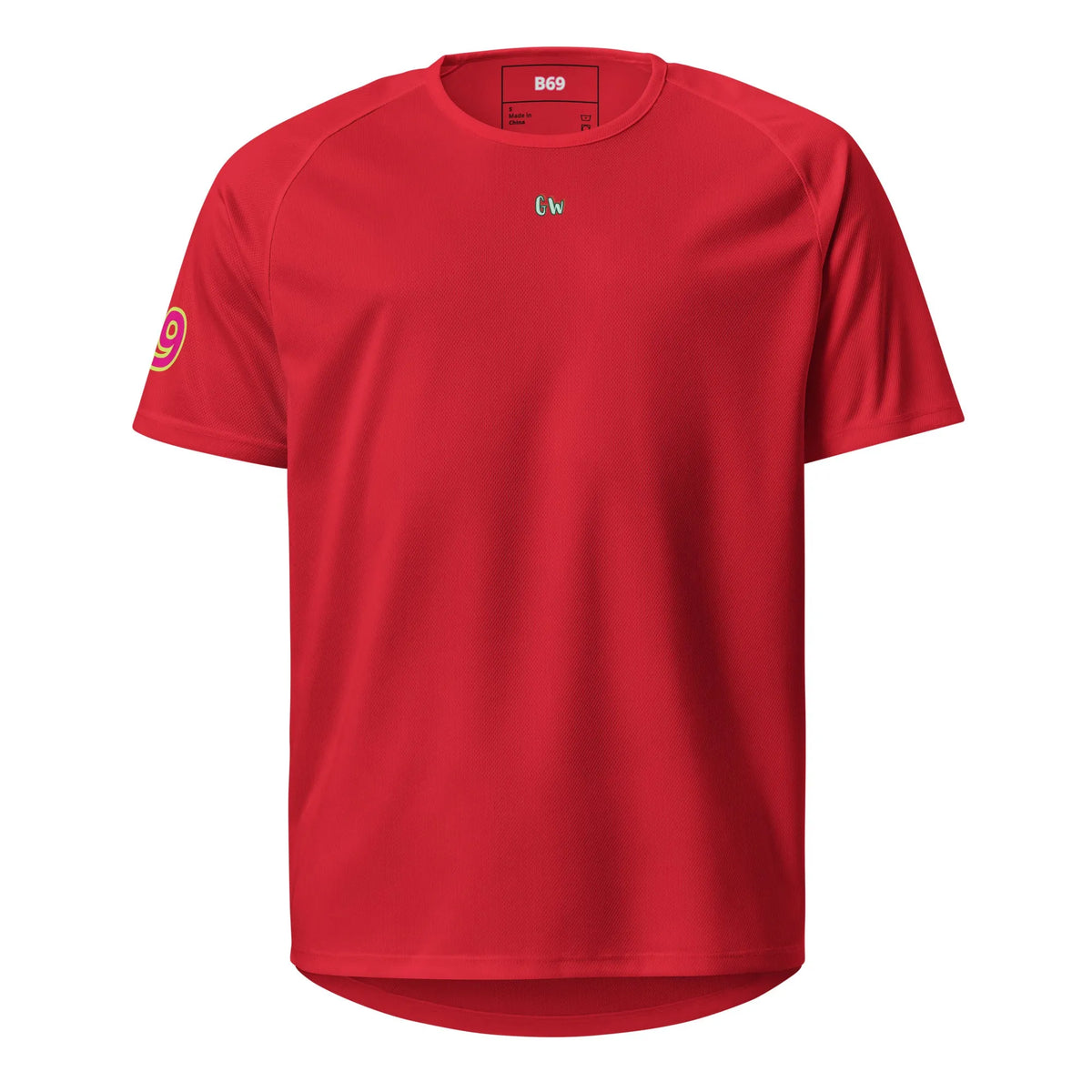 AW Monaco sports jersey, red front with “cW” logo and neon “9” on sleeve