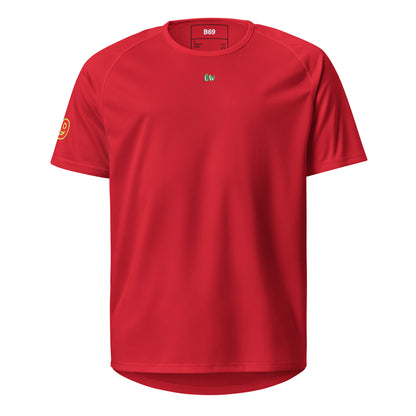 Red sports jersey front with small chest logo and yellow 9 on sleeve