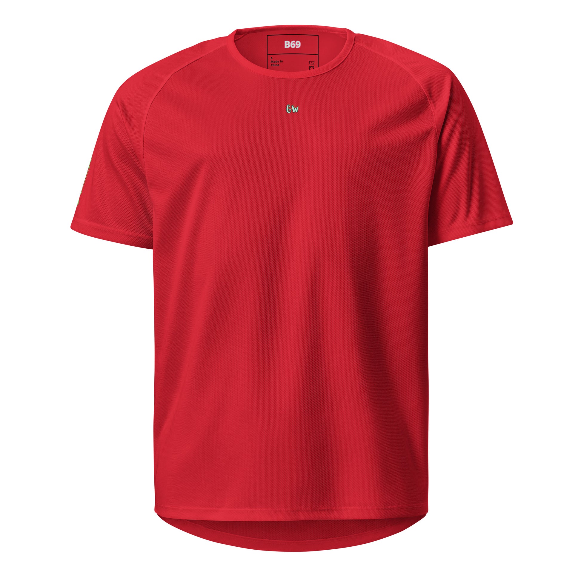 Red sports jersey, front view with small “cw” logo on chest