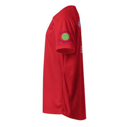 Rotes Unisex-Sporttrikot mit Ball-Logo auf dem Ärmel, seitliche Ansicht