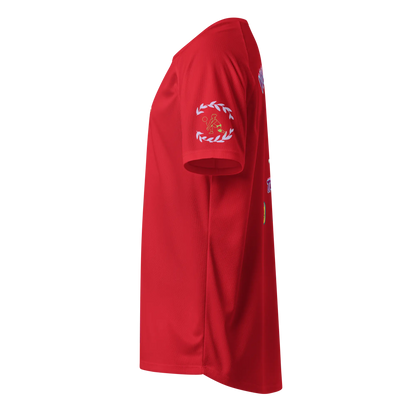 Red sports jersey, side view, small white graphic on sleeve